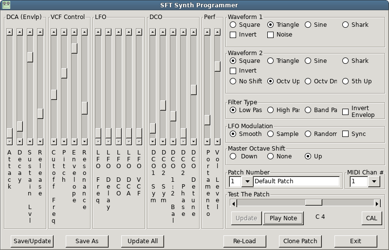 A similar screen capture of a newerr (wxWidgets) version of the SFT Synth Programmer application
