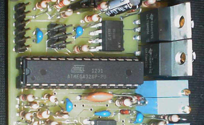 A closeup of the microcontroller on the S.F.T. Synth prototype board